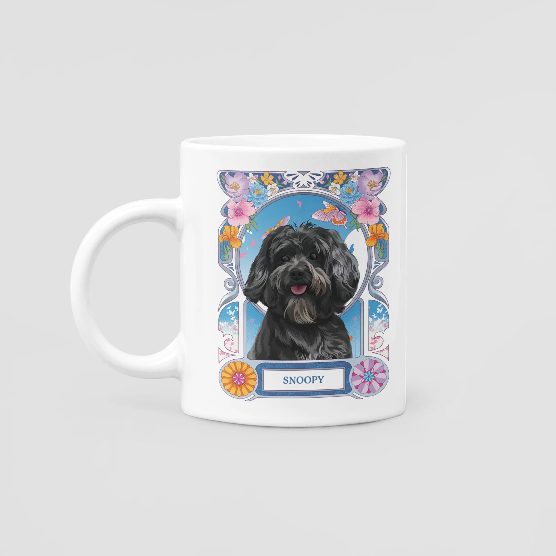 White mug with a dog's face printed on it and the word 'NUGGET' above the dog.