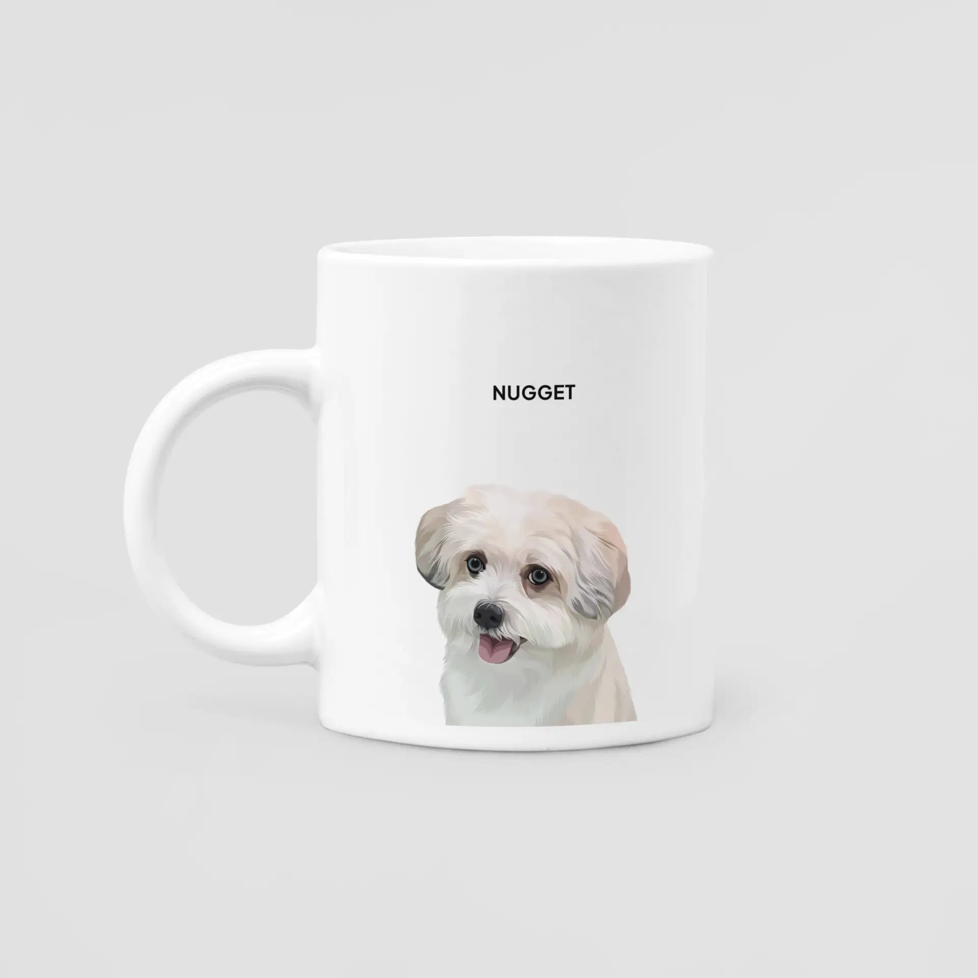 White mug with a dog's face printed on it and the word 'NUGGET' above the dog.