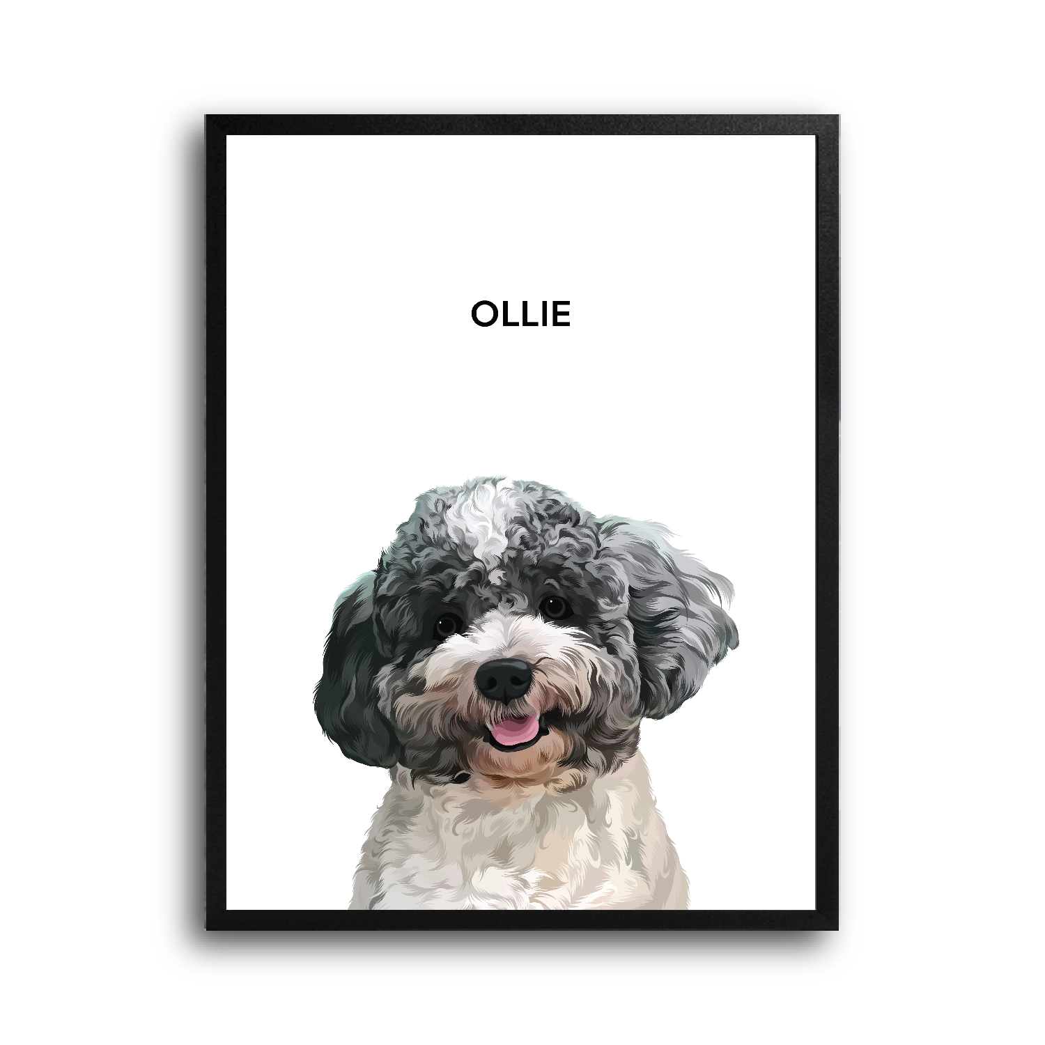Framed artwork of a dog named 'Ollie' on a white background