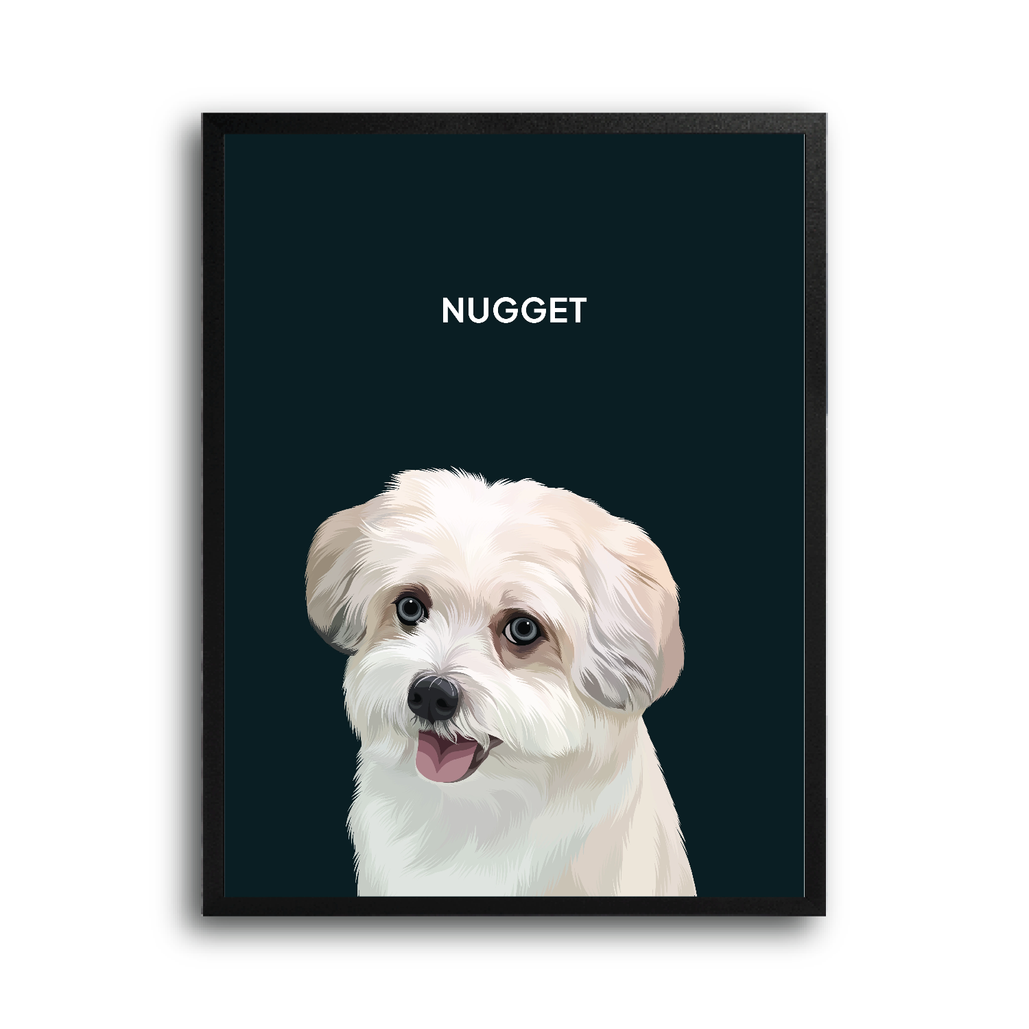 Framed portrait of a white dog with 'NUGGET' text on a dark background