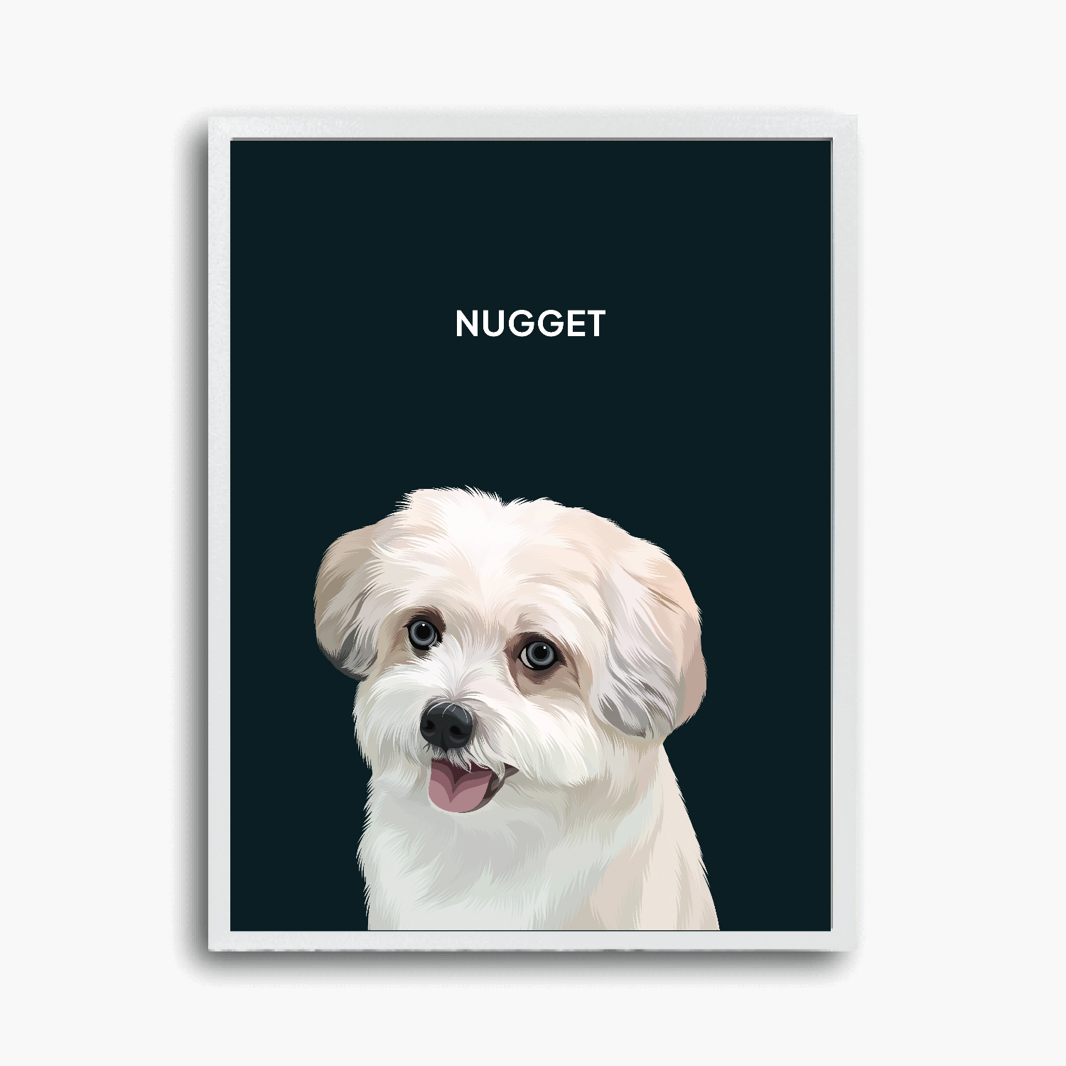Framed artwork of a white dog with 'NUGGET' text on a dark blue background