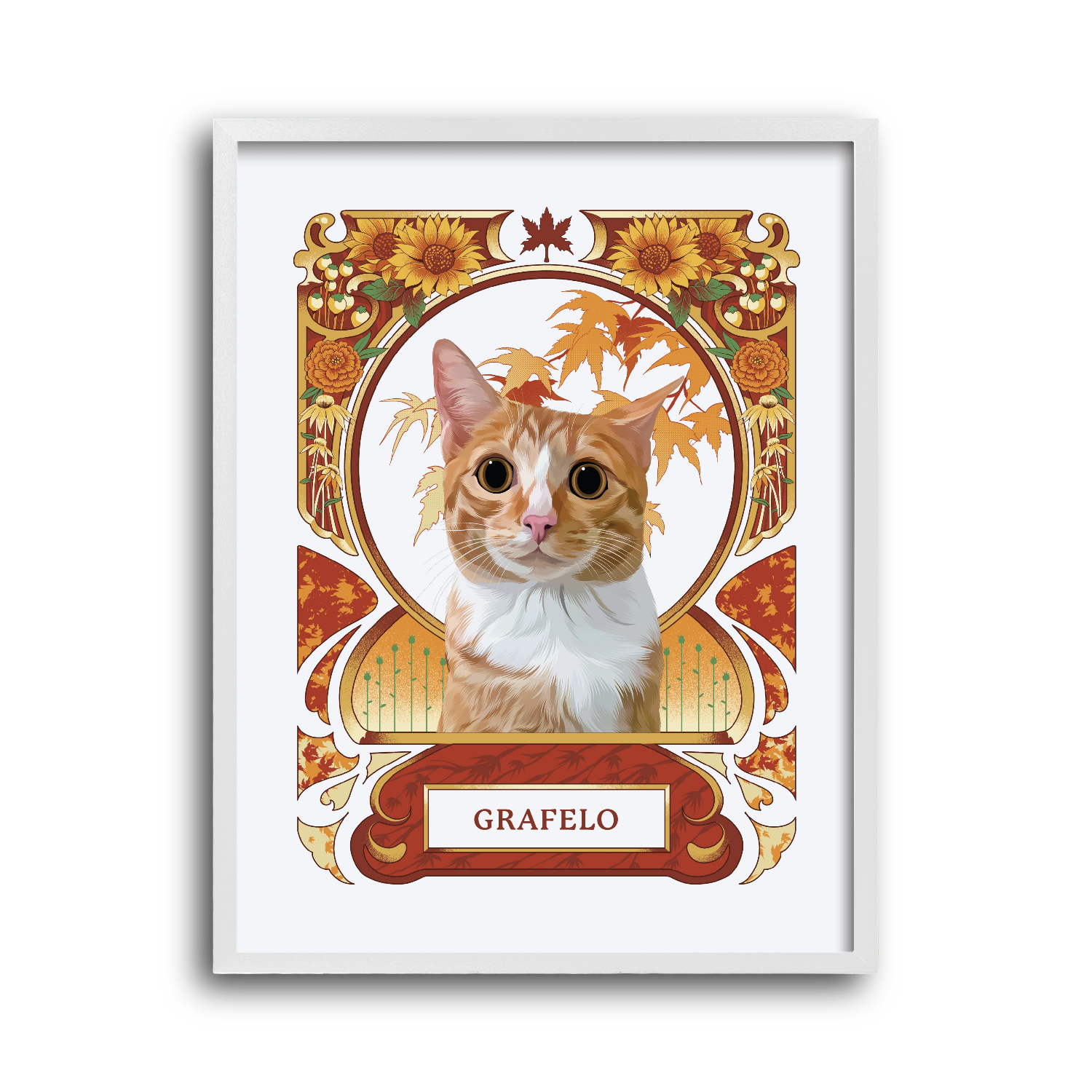 Framed portrait of a cat named Grafelo with decorative elements on a white background