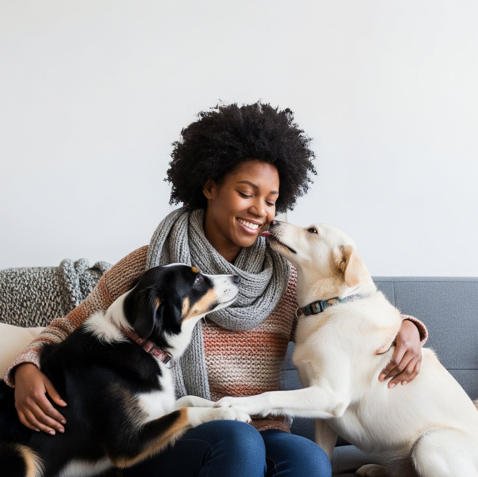 Woman sitting on a couch with two dogs, smiling and petting them.