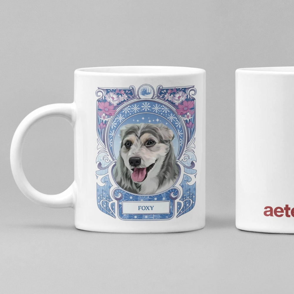 Two mugs, one with a dog illustration and the other with 'aeterna' branding, on a gray background.