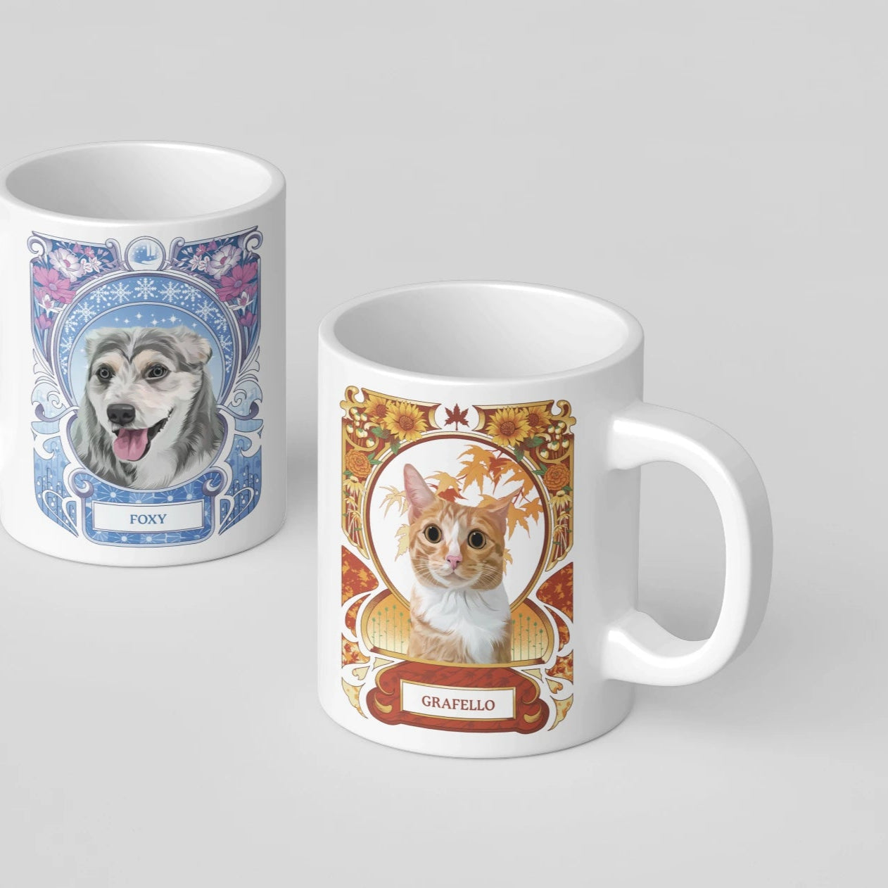 Two mugs with pet portraits on a gray background