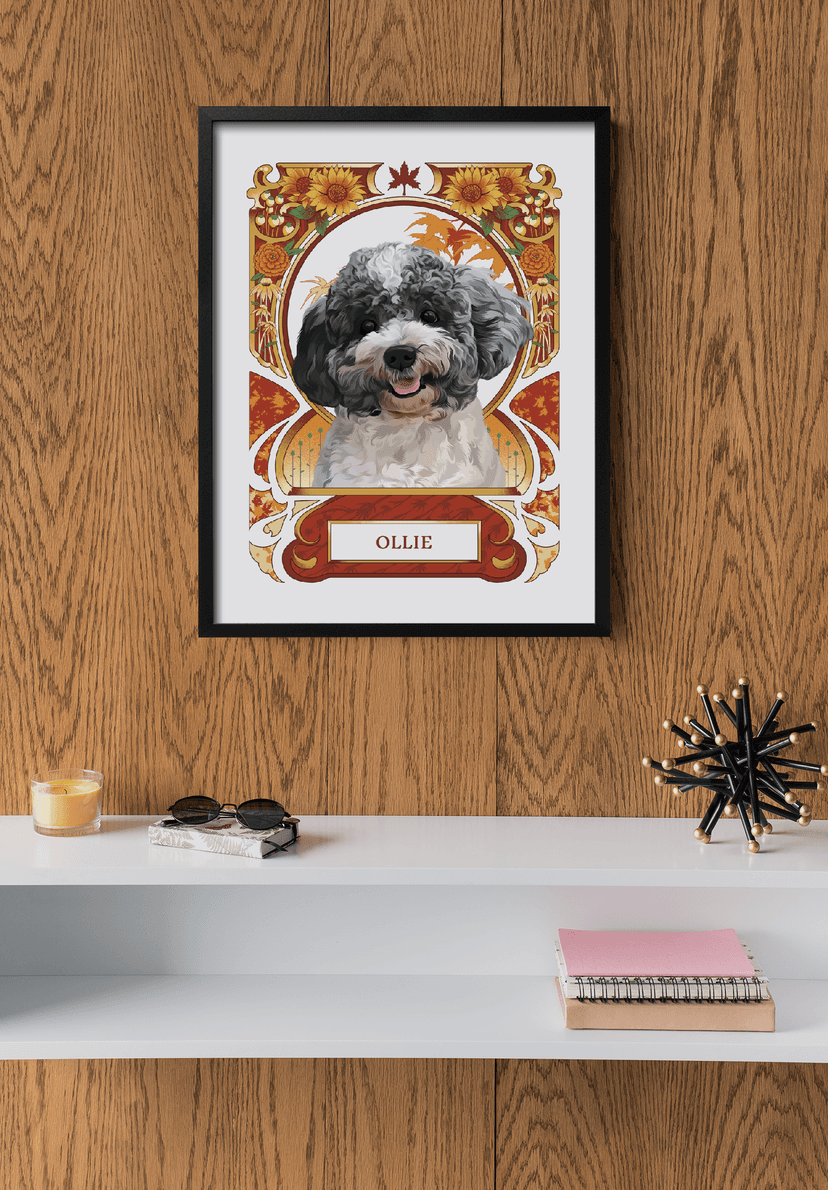 Feline feelings. Ms. Beckinsale looking pretty in her Walnut-framed custom pet portrait.