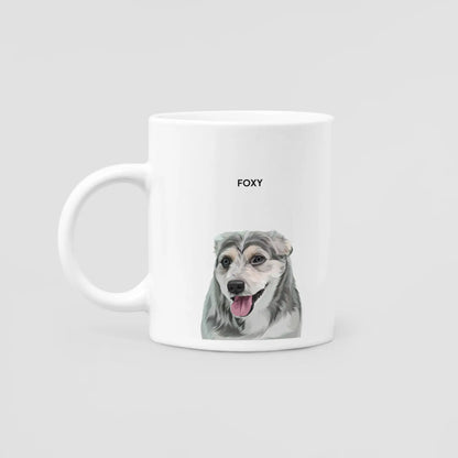 White mug with a dog illustration and 'FOXY' text on a light gray background