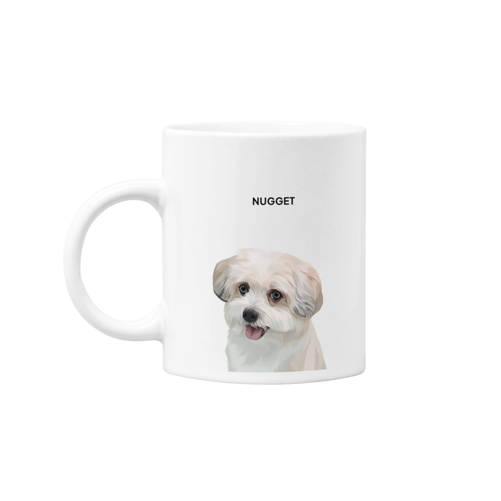 White mug with a dog's face printed on it and the name 'NUGGET' above the image.