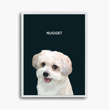 Framed artwork of a white dog with 'NUGGET' text on a dark blue background