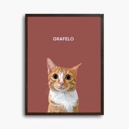 Framed artwork of a cat with 'GRAFELO' text on a red background

