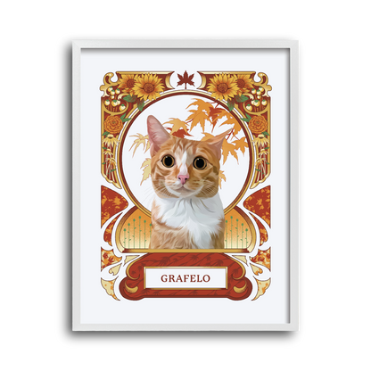 Framed portrait of a cat named Grafelo with decorative elements on a white background