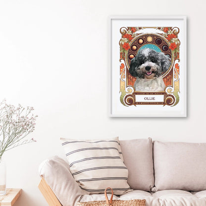 Framed portrait of a dog named Ollie on a wall above a sofa with a woven basket.