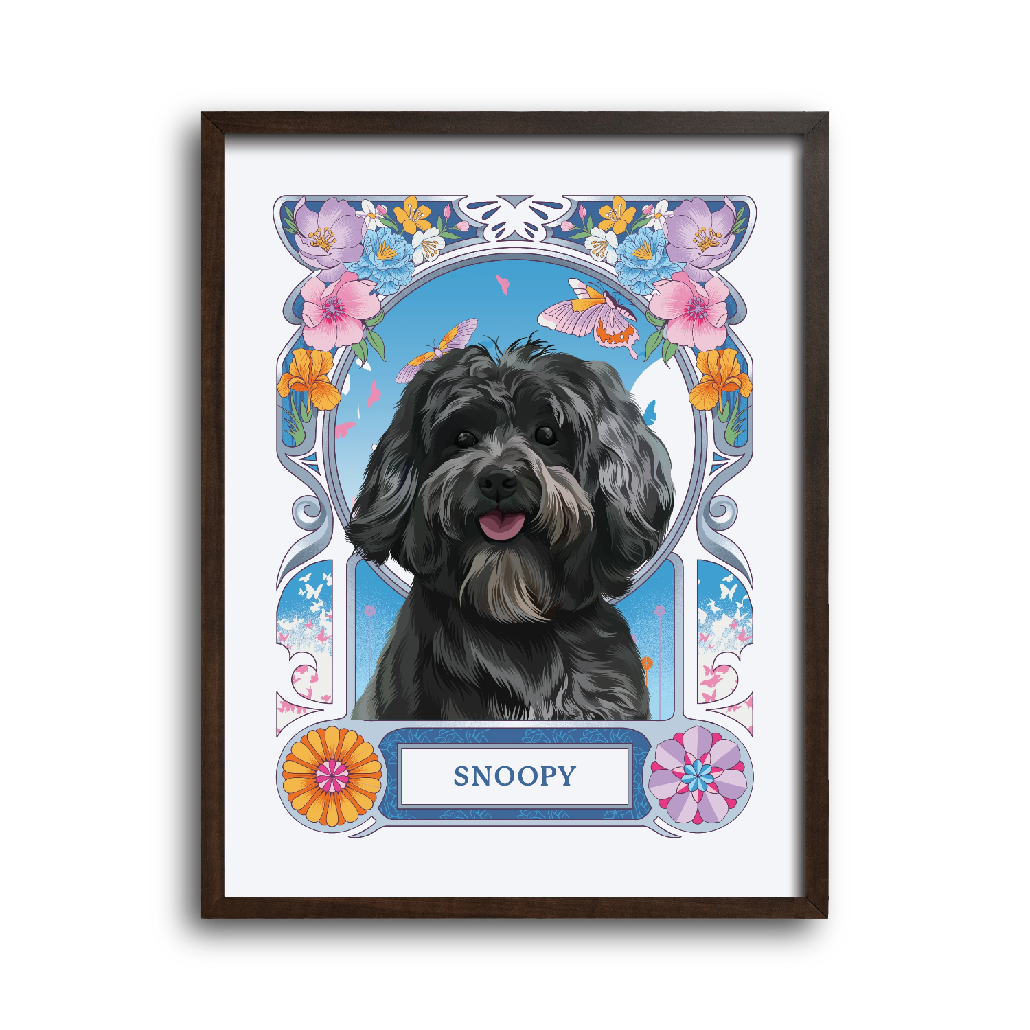 Framed portrait of a black dog named Snoopy with floral and butterfly design