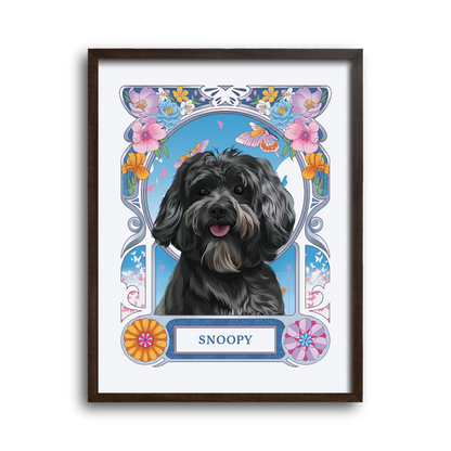 Framed portrait of a black dog named Snoopy with floral and butterfly design