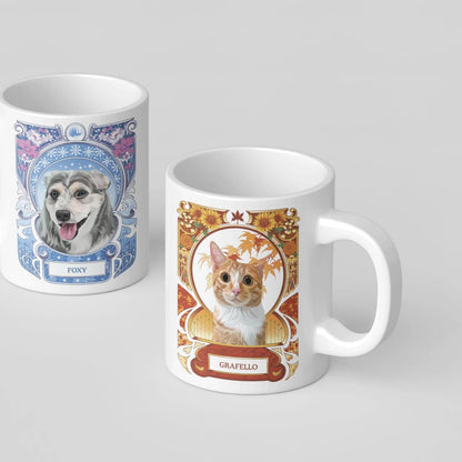 Two mugs with pet portraits on a gray background