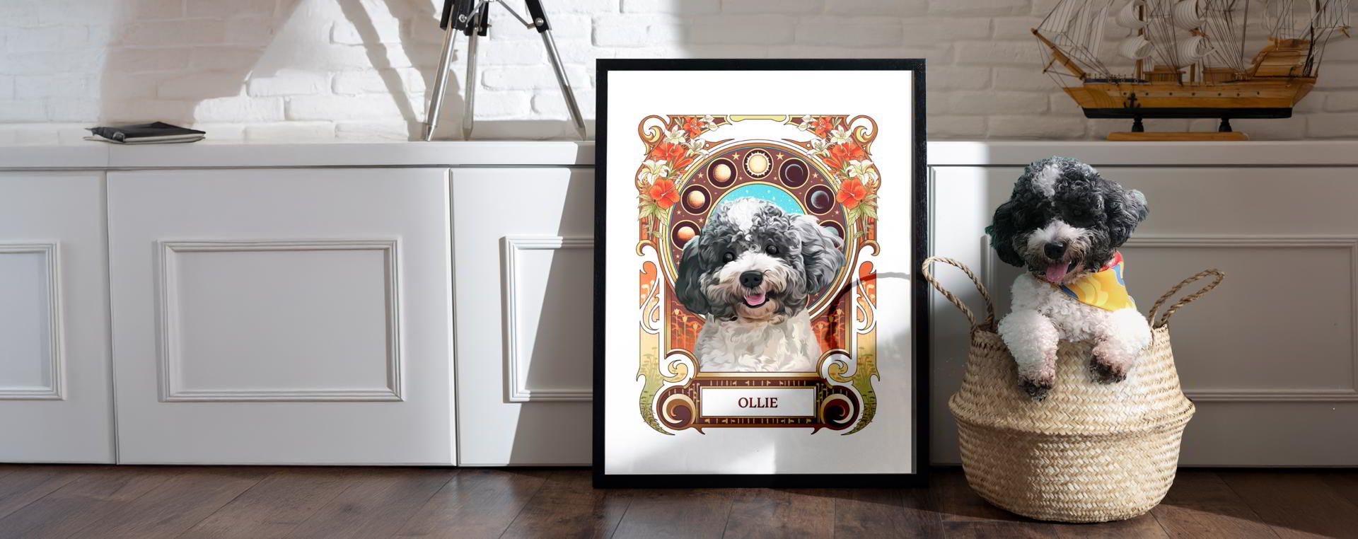 Dog sitting in a basket next to a framed portrait of itself with decorative border